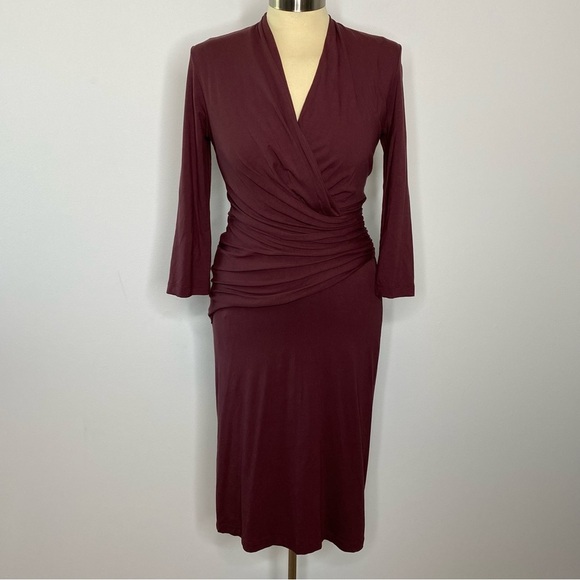 MM Lafleur Casey Chestnut Red Faux Wrap Ruched Midi Dress - Picture 5 of 12